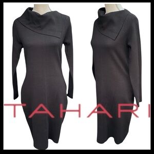 Tahari Black Asymmetric Collar Long Sleeve Jersey Midi Dress (M)